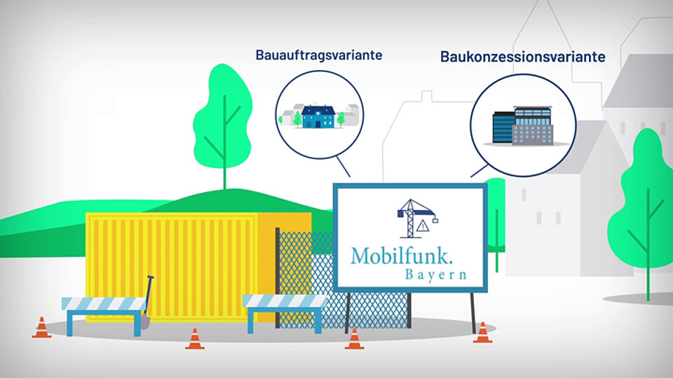 Grafische Darstellung einer Baustelle mit Schild "Mobilfunk Bayern"