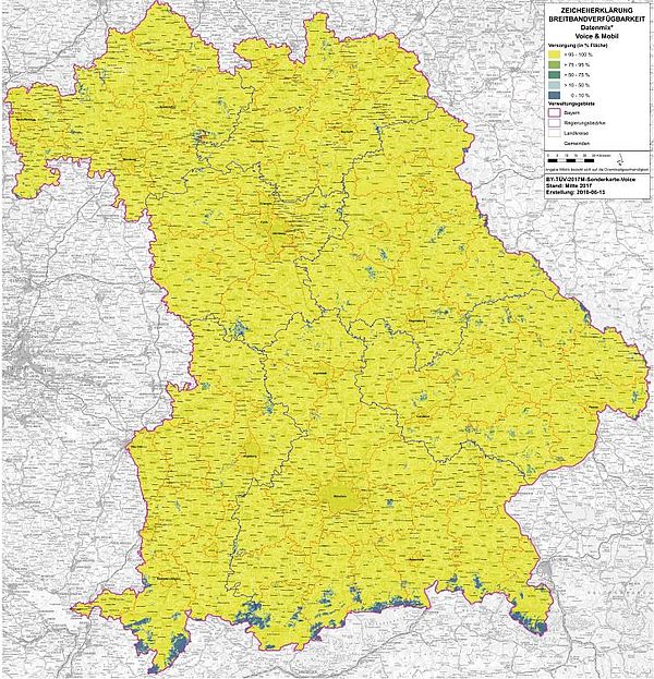 Download: Karte zur Sprach­mobil­funk­verfügbarkeit in Bayern